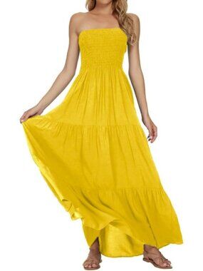 Women's Yellow Summer Stylish Tube Top Off Shoulder Boho Beach Long Maxi Dress
